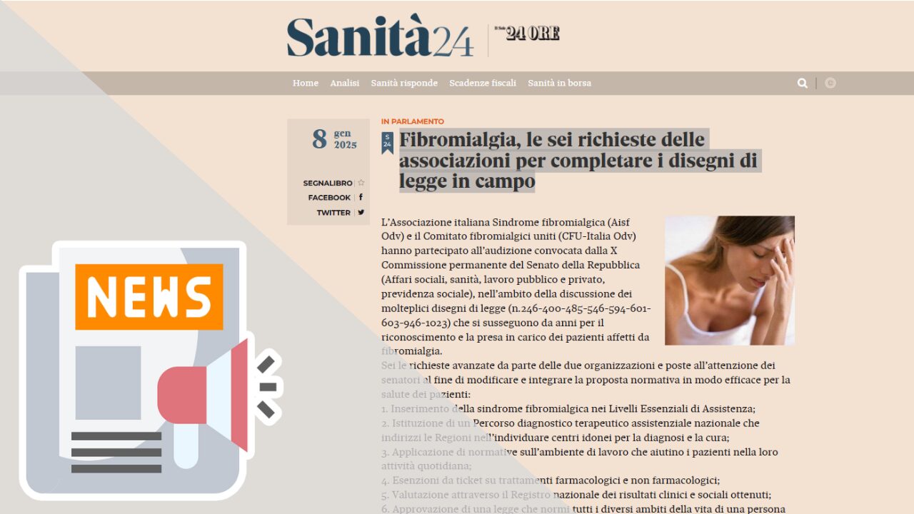 FIBROMIALGIA, LE SEI RICHIESTE DELLE ASSOCIAZIONI PER COMPLETARE I DISEGNI DI LEGGE IN CAMPO