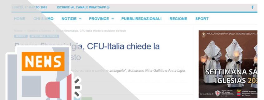 BONUS FIBROMIALGIA, CFU-ITALIA CHIEDE LA REVISIONE DEL TESTO